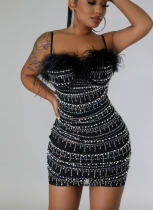 Sexy Slim Fit Diamond Feather Sling Hip Pearl Dress