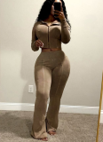 Casual Washed Distressed Hooded Flared Pants Two-piece Set