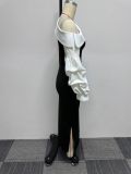 Sexy Slim-fit Contrast Color Lantern Sleeves Off-shoulder Elastic Hip-wrapped Slit Dress