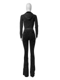 Casual Washed Distressed Hooded Flared Pants Two-piece Set