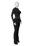 Casual Washed Distressed Hooded Flared Pants Two-piece Set