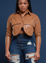 PU Leather Long Sleeve Four Seasons Lapel Single Breasted Pocket Jacket