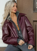Wine Red Motorcycle Style Leather Jacket Loose Coat