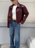 Wine Red Motorcycle Style Leather Jacket Loose Coat