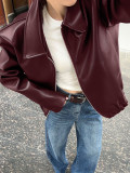 Wine Red Motorcycle Style Leather Jacket Loose Coat