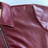Wine Red Motorcycle Style Leather Jacket Loose Coat