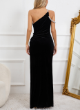 One Shoulder Sleeveless Asymmetric Rhinestone Party Gown Dress
