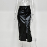 Fashion Retro Plus Velvet PU Leather Slit Skirt
