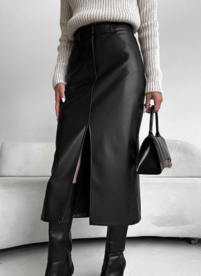 Fashion Retro Plus Velvet PU Leather Slit Skirt