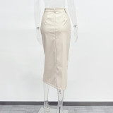 Fashion Retro Plus Velvet PU Leather Slit Skirt