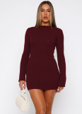 Fashion Slim-Fit Knit Striped High-Waisted Long Sleeve Dress