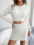 Casual Knotted-Cropped Sweater and Tailored Skirt Knit Suit