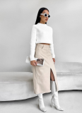 Fashion Retro Plus Velvet PU Leather Slit Skirt