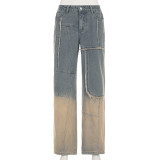 Personalized Street Gradient Color Frayed Washed Loose Fit Jeans