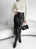 Fashion Retro Plus Velvet PU Leather Slit Skirt