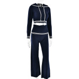 Sexy Knitted Belly Button Hoodie New Style Flared Trousers Two-piece Suit