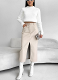 Fashion Retro Plus Velvet PU Leather Slit Skirt