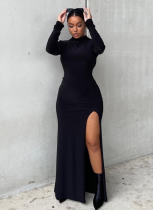 Sexy Long-sleeved Slim Backless Hollow Slit Long Dress