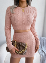 Casual Knotted-Cropped Sweater and Tailored Skirt Knit Suit