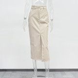 Fashion Retro Plus Velvet PU Leather Slit Skirt