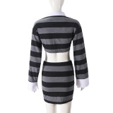 Striped Colorblock Shirt Collar Long Sleeve Skort Two-Piece Set