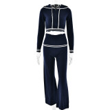 Sexy Knitted Belly Button Hoodie New Style Flared Trousers Two-piece Suit