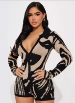 V-Neck Knitted Color Block Asymmetrical Contrasting Color Casual Long Sleeve One-Piece Shorts