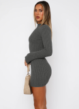 Fashion Slim-Fit Knit Striped High-Waisted Long Sleeve Dress