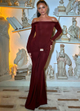 Fashion Elegant Off-Shoulder Solid Color Long Sleeve Slim Fit Waist-Cinching Dress