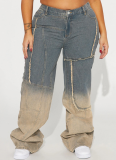 Personalized Street Gradient Color Frayed Washed Loose Fit Jeans