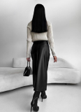 Fashion Retro Plus Velvet PU Leather Slit Skirt