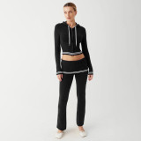 Sexy Knitted Belly Button Hoodie New Style Flared Trousers Two-piece Suit