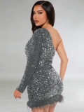 Autumn and Winter Off-shoulder One-sleeve Sequined Feather-edge Hip Dress