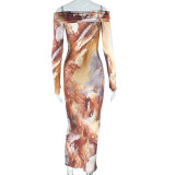Retro Fashion Print Sexy One Shoulder Long Sleeve One Step Dress