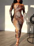 Retro Fashion Print Sexy One Shoulder Long Sleeve One Step Dress