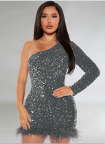 Autumn and Winter Off-shoulder One-sleeve Sequined Feather-edge Hip Dress
