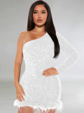 Autumn and Winter Off-shoulder One-sleeve Sequined Feather-edge Hip Dress
