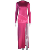 Rose Red Sexy Round Neck Long Sleeve High Slit Dress