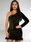 Autumn and Winter Off-shoulder One-sleeve Sequined Feather-edge Hip Dress