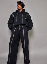 Casual Wide Version Women'S Pull Strip Pocket Loose Hooded Sweater Trousers Two-Piece Set