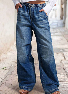 Mid-Rise Wide-Leg Pleated Loose Jeans For Women Street Retro Straight Pants