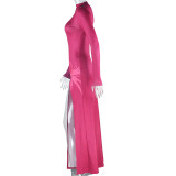 Rose Red Sexy Round Neck Long Sleeve High Slit Dress