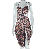 Fashion Tight Irregular Design Leopard Print Suspender Dress