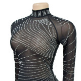 Solid Color Mesh Rhinestoned Feather Dress Without Lining