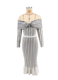 Casual off-Shoulder Striped Printed Dress Two-Piece Set