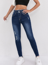 Dark Blue Jeans Women'S Design Double Buckle Raw Hem Ripped Skinny Pants