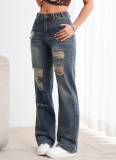 Women'S Blue Jeans High Waist Button Design Ripped Fashion