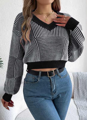 Autumn And Winter Leisure Striped Lantern Sleeve Pullover Midriff-Baring Sweater