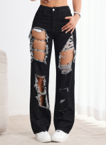 Black Straight Jeans Women'S High Waist Design Ripped Fashion Sense Women'S Fashion