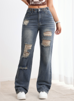 Women'S Blue Jeans High Waist Button Design Ripped Fashion